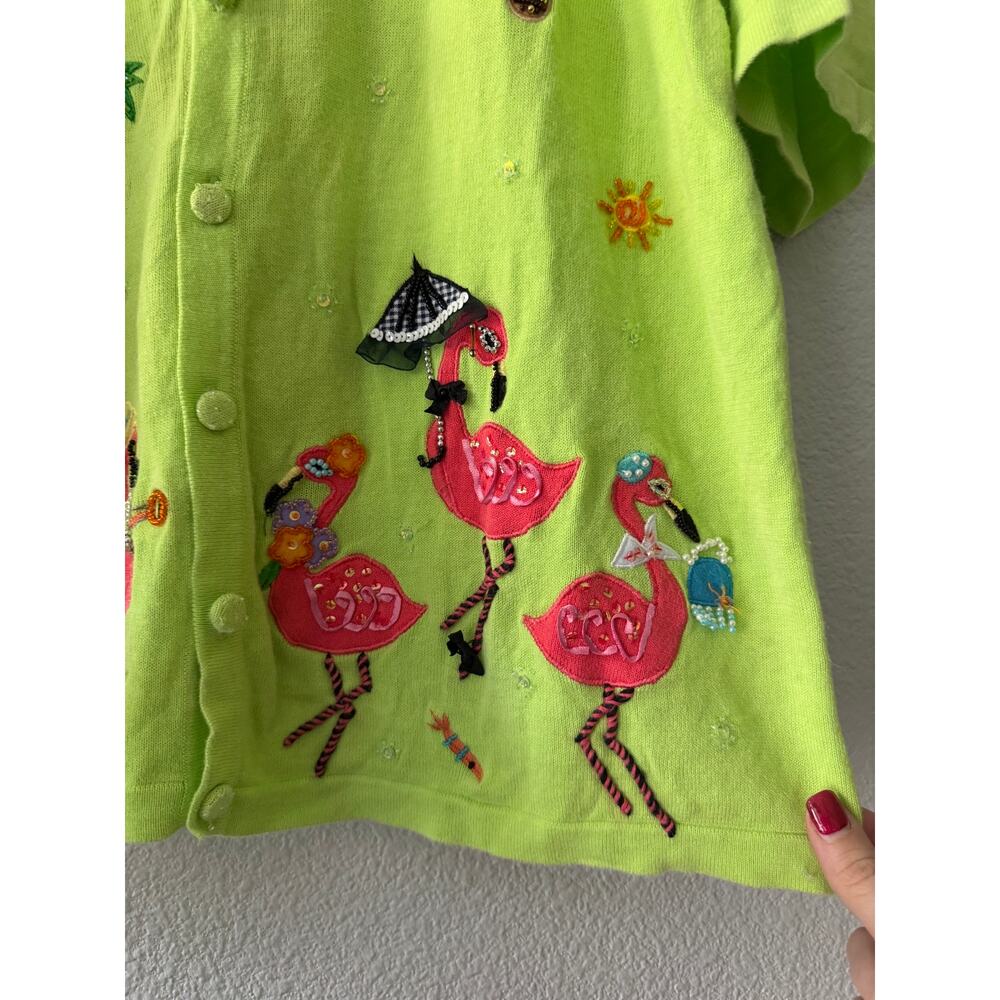 Vintage Berek Flamingo Tropical Cardigan Lime Green Novelty Sweater XL - Picture 7 of 11